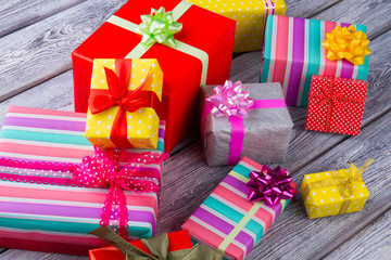 Different colorful gifts on New Year's holidays.