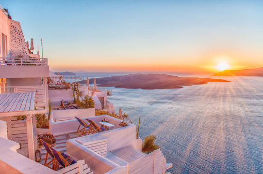 Fototapeta Romantic Santorini island during sunset, Greece, Europe. Summer concept.