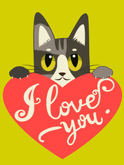 Enamored Cat With Heart And Text I Love You. Hand drawn Inspirational And Encouraging Quote. Vector Isolated Typography Design Element. I Love You Cat.