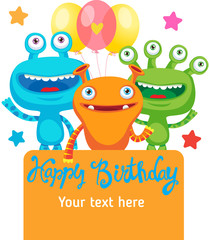 Monster Party Invitation Card Design With Place For Text. Colorful Vector Cartoon Illustration. Funny Birthday Greeting Card. Small Alien Creature.