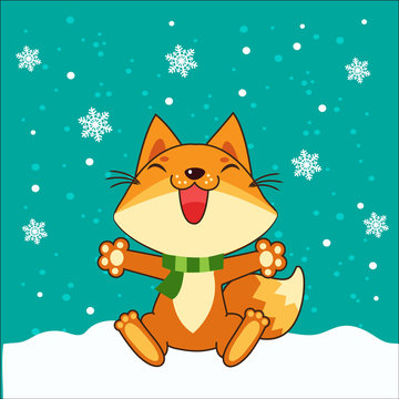 Small vector Fox. Fox Sitting Vector Illustration. Fox In Winter. Snow Falling. Small Fox Plush. Small Fox Stickers.
