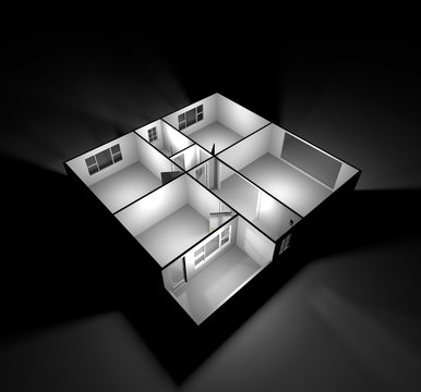 3d interior rendering of empty paper model home apartment with lights by night