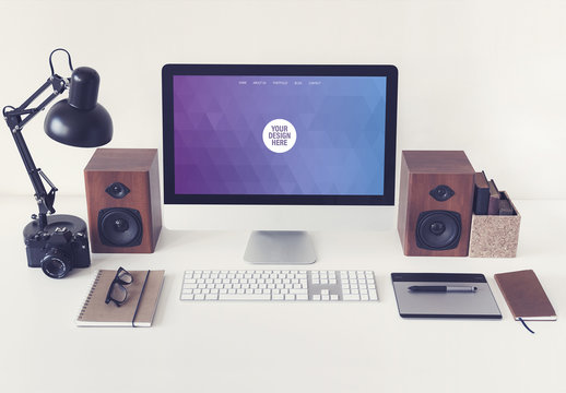 Desktop Computer on a Neat Desk with Gadgets Mockup 1