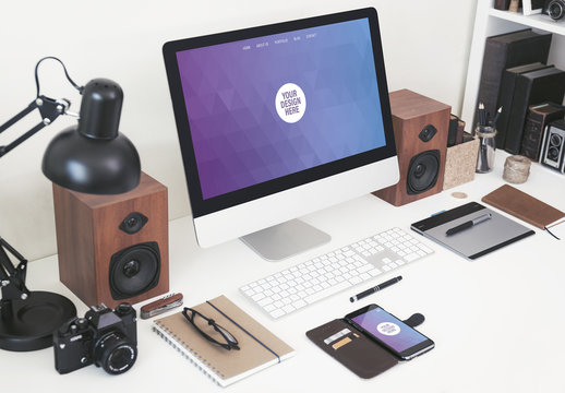 Desktop Computer on a Neat Desk with Gadgets Mockup 2
