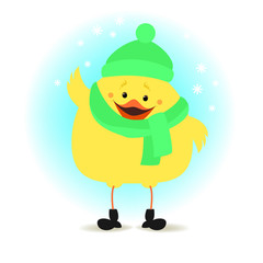 Chicken in winter clothes on the winter background. Christmas vector illustration