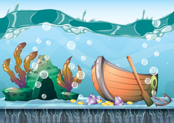 Naklejka premium cartoon vector underwater treasure background with separated layers for game art and animation game design asset in 2d graphic