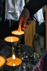 Preparations for morning prayer in Korzok monastery in Ladakh, India. Korzok is a Tibetan Buddhist monastery located in the Korzok village, on the northwestern bank of Tso Moriri lake