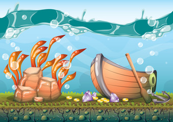 cartoon vector underwater treasure background with separated layers for game art and animation game design asset in 2d graphic