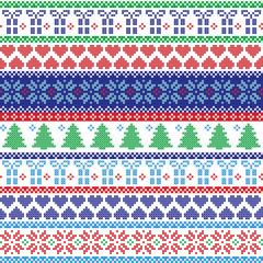 Scandinavian style and Nordic culture inspired winter textile style pattern including Christmas gifts, tree, snowflakes, snow, hearts and decorative ornaments,  in cross stitch in green, blue, red 
