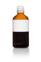Medicine bottle with blank white and black label isolated on white background