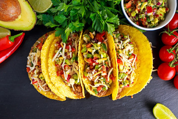 Mexican food - delicious taco shells with ground beef and home made salsa