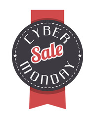 Round Cyber Monday label  with red ribbon
