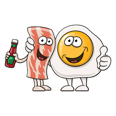 Funny cartoon fried egg next to bacon with ketchup bottle