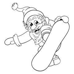 Black and white illustration of funny cartoon Santa Claus who makes breathtaking jump on snowboard