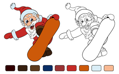 Funny cartoon Santa Claus makes breathtaking jump on snowboard. Coloring book