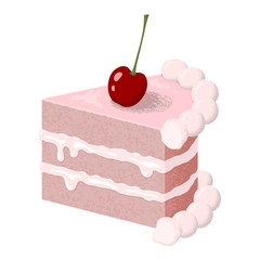 Illustration of creamy slice of cake with a cherry. Isolated on white