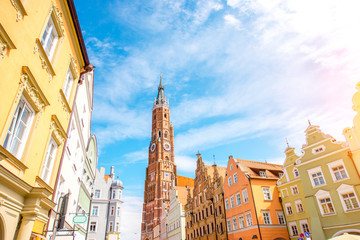 Cityscape view with saint Martin cathedral in the center of Landshut old town in Germany