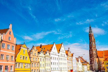 Cityscape view with saint Martin cathedral in the center of Landshut old town in Germany