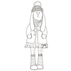 Tilda bunny, painted by hand, vector illustration. Isolated black contour on a white background.