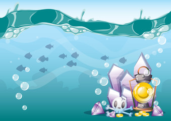Naklejka premium cartoon vector underwater treasure background with separated layers for game art and animation game design asset in 2d graphic