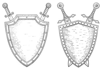 Swords and shield. Hand drawn sketch