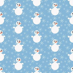 Funny Christmas snowmen, Seamless winter pattern with silhouettes of snowmen and abstract snowflakes