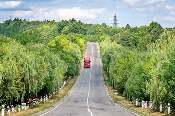 red truck driving on a road surrounded by green trees