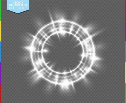Vector round shiny frame with flare special effect. Luxury white light ring. Abstract Glow circle on transparent background