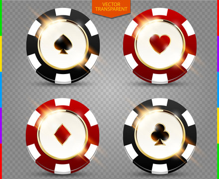 VIP poker black and red chip vector collection. Casino spades, hearts, phillips, diamonds suit set isolated on transparent background