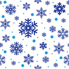 Fototapeta na wymiar Seamless pattern of blue snowflakes on white background. Snowfall stylized wrapping texture. Winter repeating backdrop. Falling snow vector illustration in eps8.
