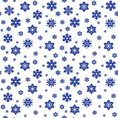 Seamless pattern of blue snowflakes on white background. Snowfall stylized wrapping texture. Winter repeating backdrop. Falling snow vector illustration in eps8.