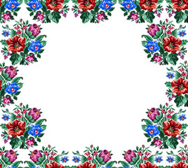 Fototapeta premium Color bouquet of wildflowers (lilia, bellflower, barberry flower and cornflowers) on borders using traditional Ukrainian embroidery elements. Place for text. Can be used as pixel-art.