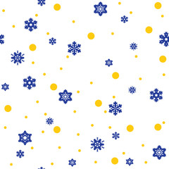 Seamless pattern of blue snowflakes and yellow circles on white background. Snowfall stylized wrapping texture. Winter repeating backdrop. Falling snow vector illustration in eps8.