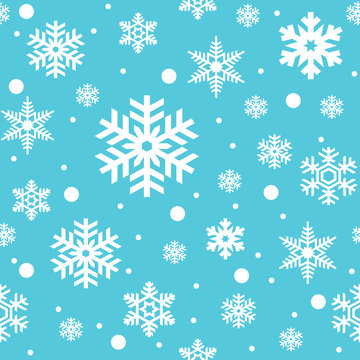 Seamless pattern of white snowflakes on sky blue background. Snowfall stylized wrapping texture. Winter repeating backdrop. Falling snow vector illustration in eps8.