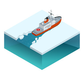 Isometric nuclear-powered icebreaker sailing in ice. Ship on the ice in the sea. - obrazy, fototapety, plakaty