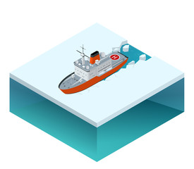 Isometric nuclear-powered icebreaker sailing in ice. Ship on the ice in the sea. - obrazy, fototapety, plakaty