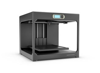 Rndering of black desktop 3d printer isolated on the white background.