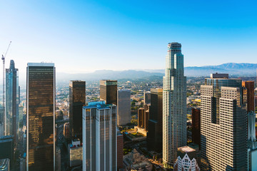 Aerial view of a Downtown LA at sunset