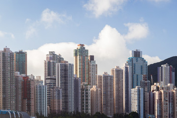 Fototapeta na wymiar View of residential skyscrapers on the densely built Hong Kong Island in Hong Kong, China. Copy space.
