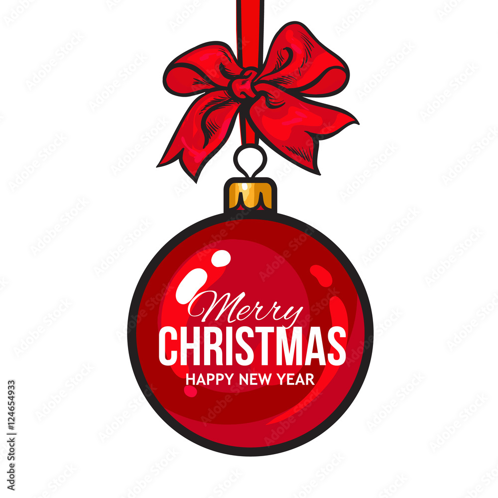 Wall mural christmas ball with red ribbon and bow, vector greeting card template with white background. shiny c