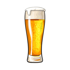 High glass of cold beer with foam and bubbles, sketch style vector illustration isolated on white background. Hand drawn frosty glass of ice cold golden beer, lager, ale, Oktoberfest symbol