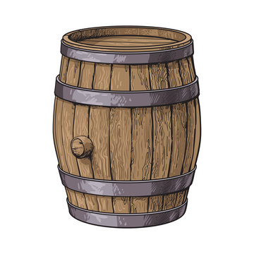 Side view of standing wooden barrel, sketch style vector illustrations isolated on white background. Wine, rum, beer classical wooden barrel, hand-drawn vector illustration, side view