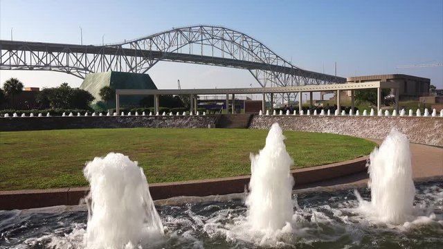 Corpus Christi Harbor Bridge and Water Fountains at Bayfront Science Park