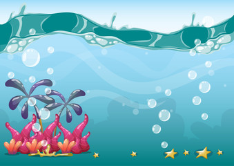 Fototapeta na wymiar cartoon vector underwater background with separated layers for game art and animation game design asset in 2d graphic