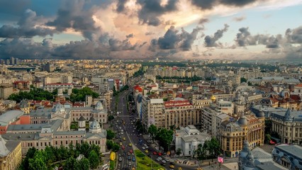 Panoramic view of the Univesity Square in Bucharest, Romania. Daytime with traffic jam.