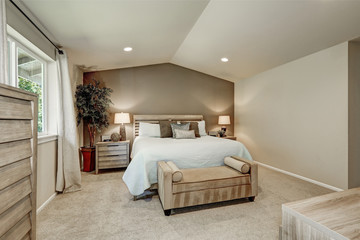 Fototapeta na wymiar Elegant beige bedroom interior with pale blue bedding