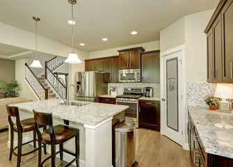 Classic kitchen room interior with large kitchen island