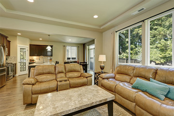 Gray and brown family room interior