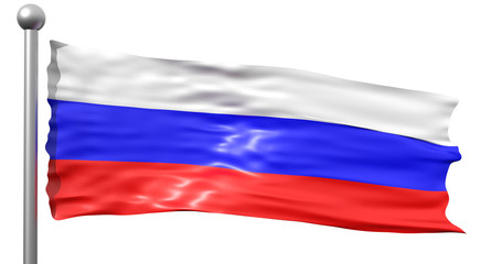 Russia flag render. A wavy rendered 3D flag with white pole. Isolated object. 