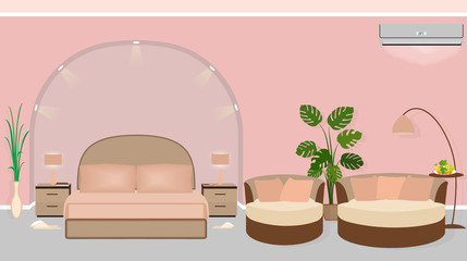 Modern hotel room interior with houseplants, sofa and backlight